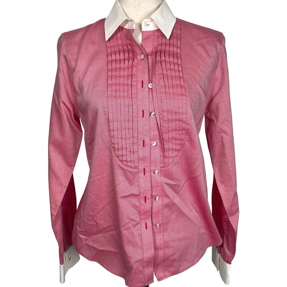 Talbots Blouse 6 Red White Pleat Tuxedo Shirt Wrinkle Resistant Cotton Preppy‎ - Picture 1 of 12